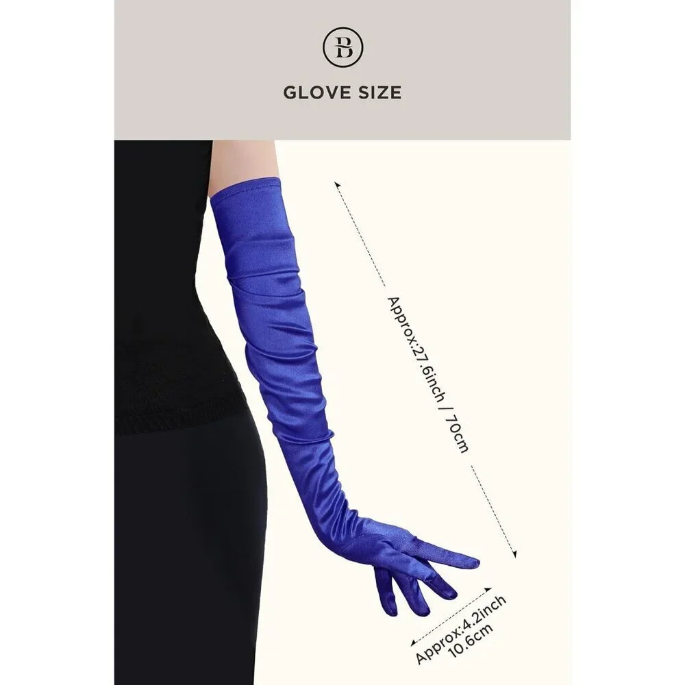 Women's Long Satin Gloves Dark Blue Stretchy Upper Arm Length Costume Design